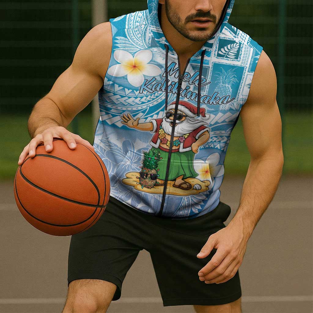 Hawaii Mele Kalikimaka Sleeveless Zip Hoodie Hula Santa Retro Style Blue - Polynesian Pride