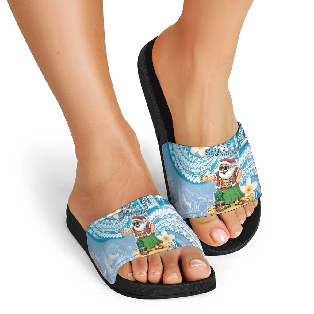Hawaii Mele Kalikimaka Slide Sandals Hula Santa Retro Style Blue - Polynesian Pride