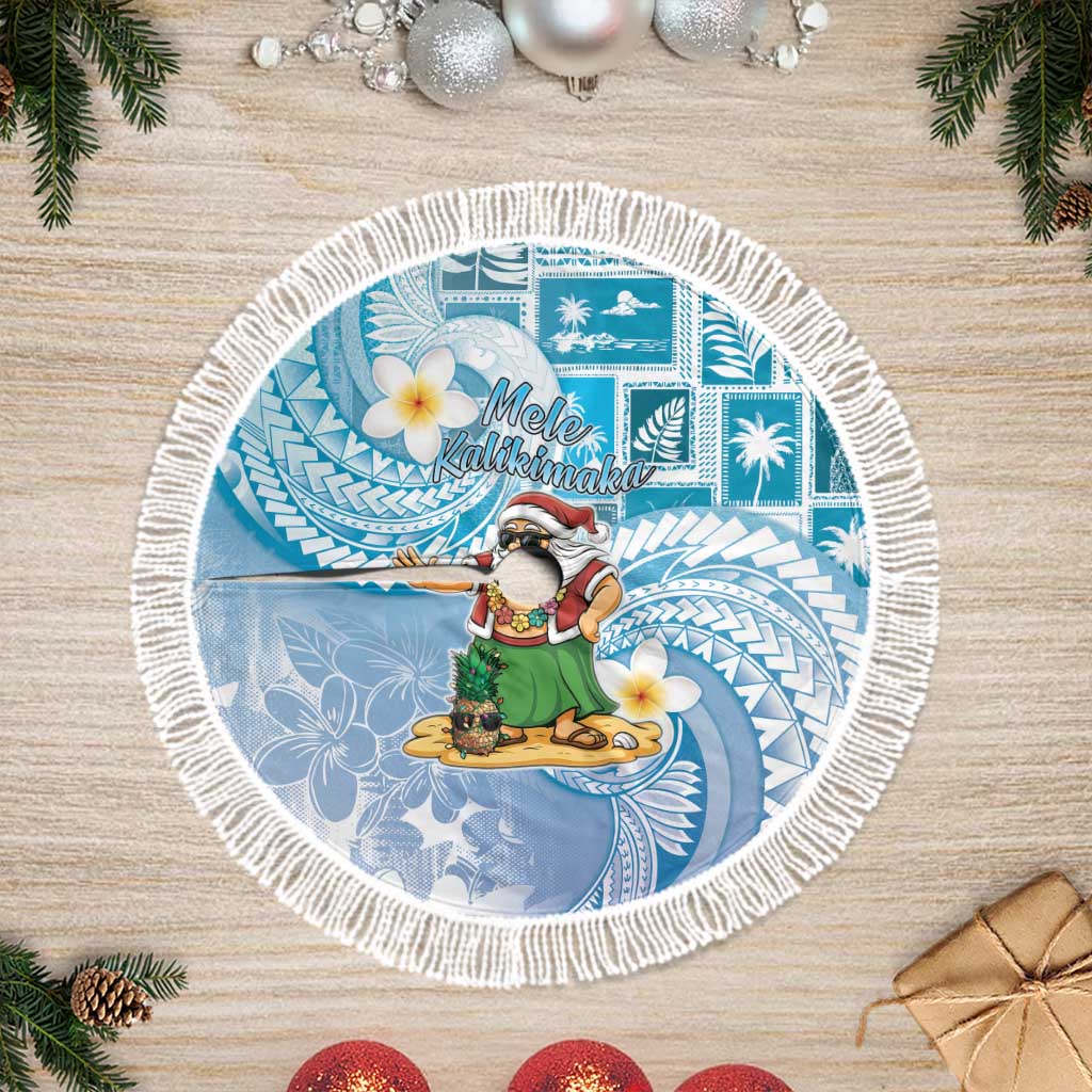 Hawaii Mele Kalikimaka Tree Skirt Hula Santa Retro Style Blue LT05 Fringed Blue - Polynesian Pride