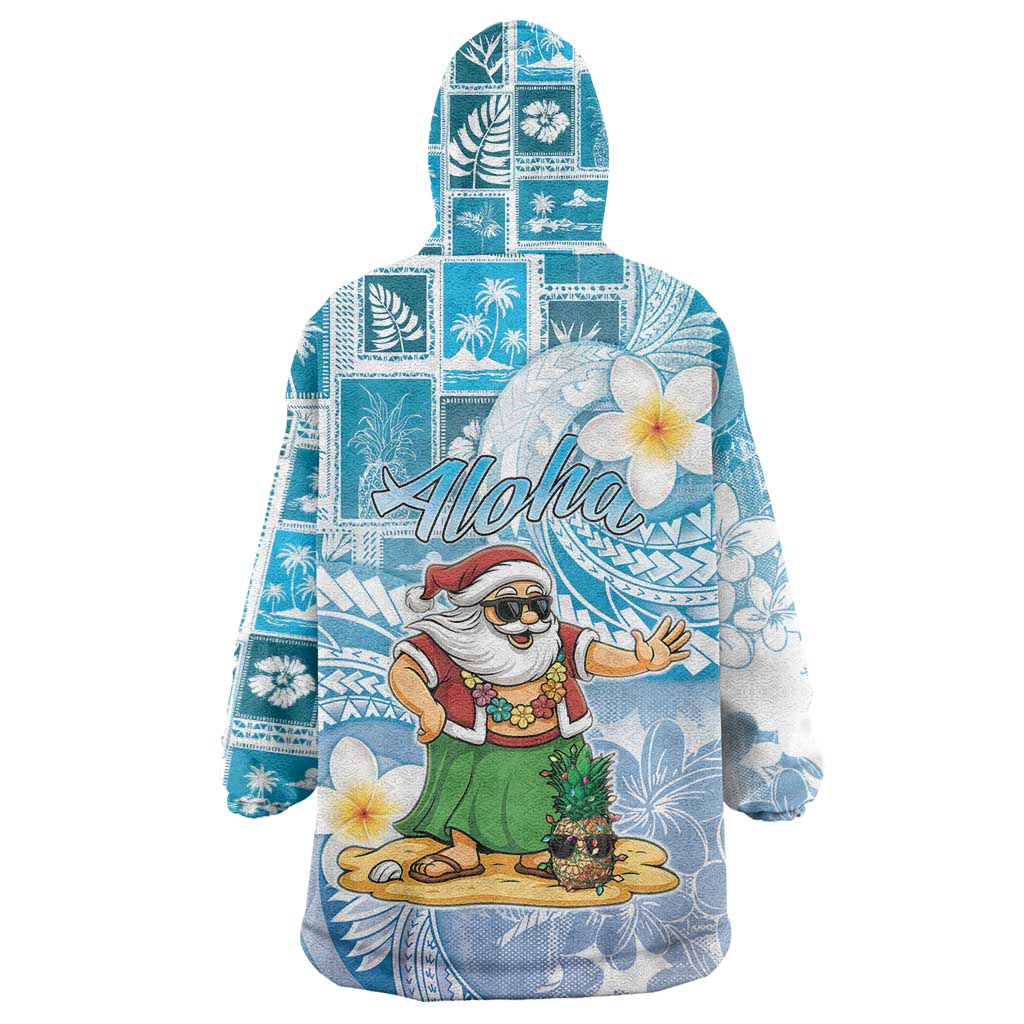 Hawaii Mele Kalikimaka Wearable Blanket Hoodie Hula Santa Retro Style Blue - Polynesian Pride