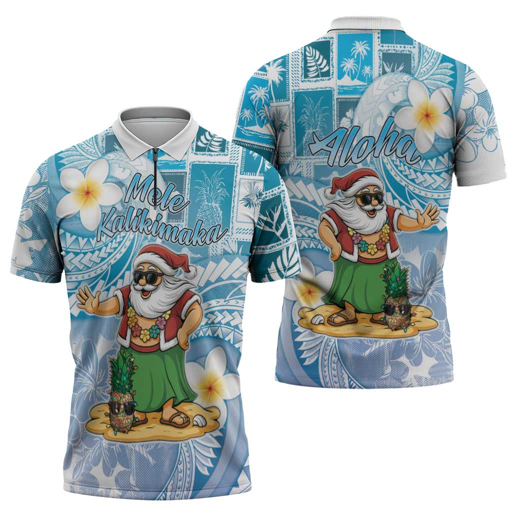 Hawaii Mele Kalikimaka Zipper Polo Shirt Hula Santa Retro Style Blue - Polynesian Pride