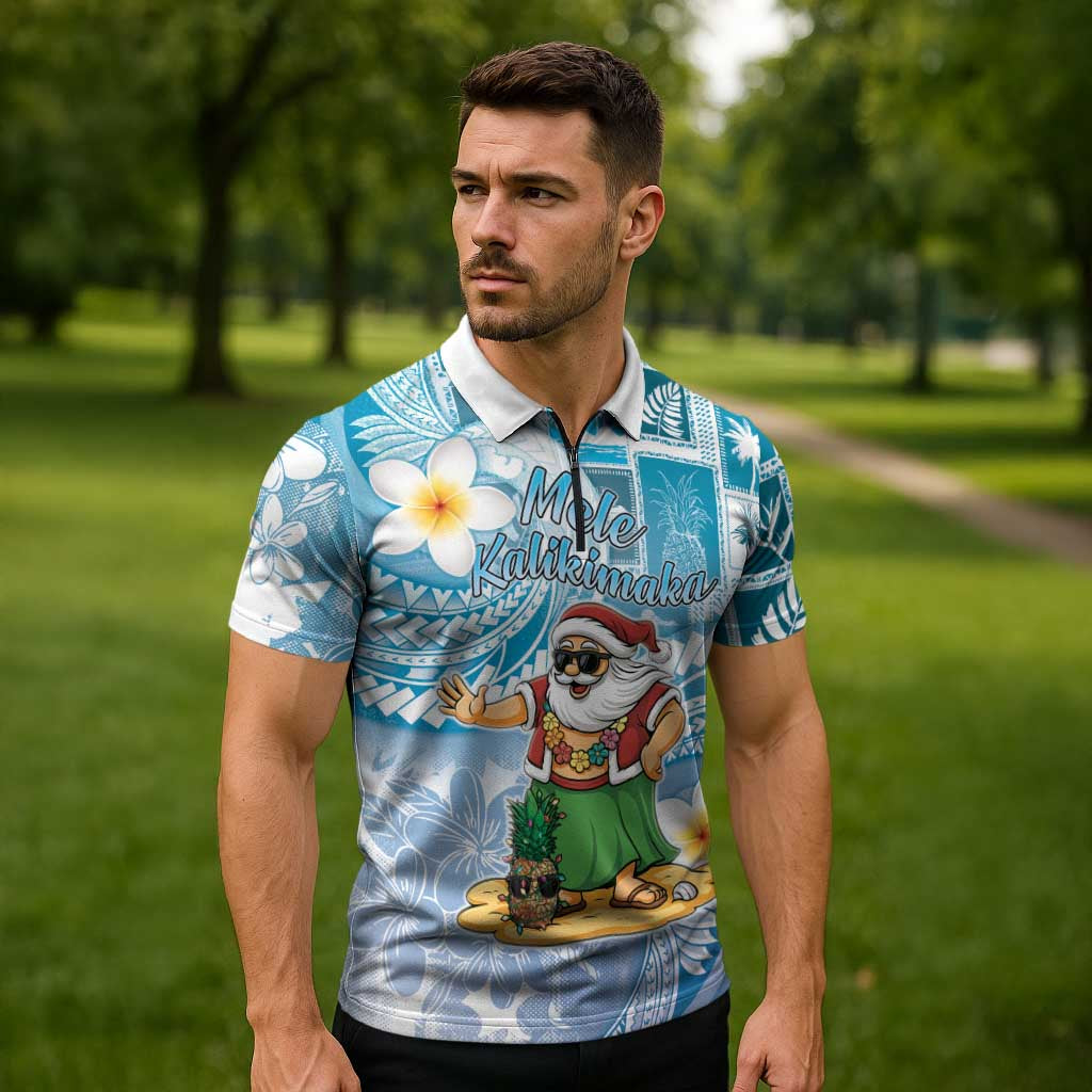 Hawaii Mele Kalikimaka Zipper Polo Shirt Hula Santa Retro Style Blue - Polynesian Pride