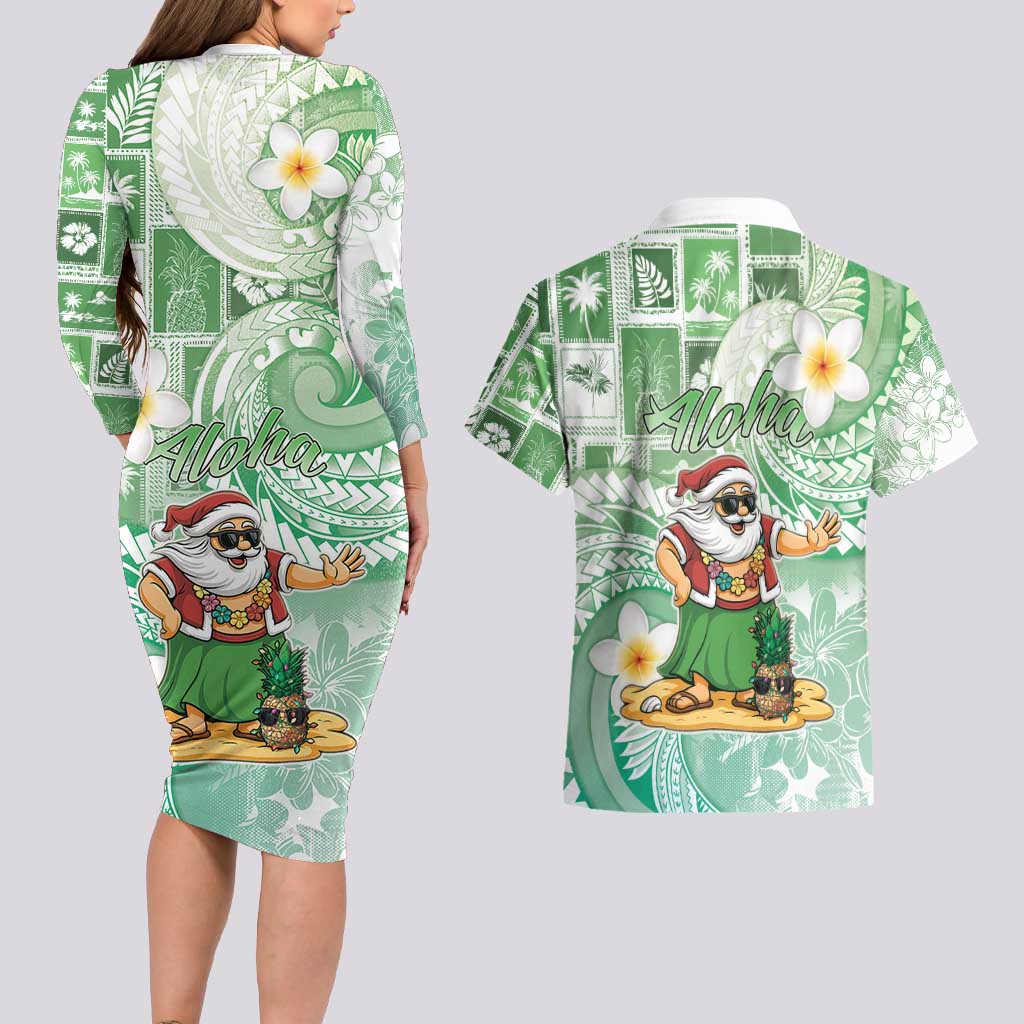 Hawaii Mele Kalikimaka Couples Matching Long Sleeve Bodycon Dress and Hawaiian Shirt Hula Santa Retro Style Green LT05 - Polynesian Pride