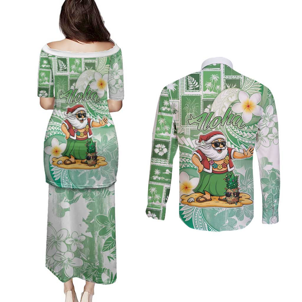 Hawaii Mele Kalikimaka Couples Matching Puletasi and Long Sleeve Button Shirt Hula Santa Retro Style Green LT05 - Polynesian Pride