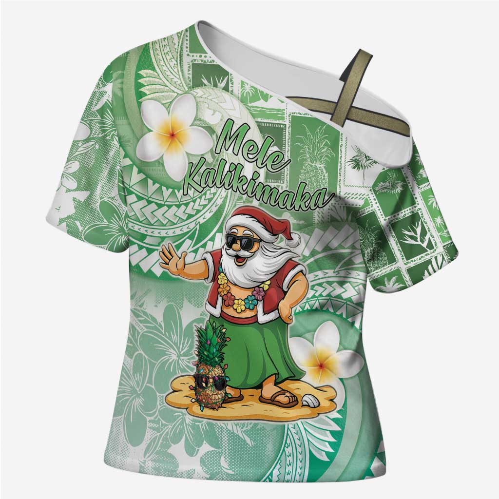 Hawaii Mele Kalikimaka Cross Shoulder Shirt Hula Santa Retro Style Green - Polynesian Pride