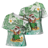 Hawaii Mele Kalikimaka Cross Shoulder Shirt Hula Santa Retro Style Green - Polynesian Pride