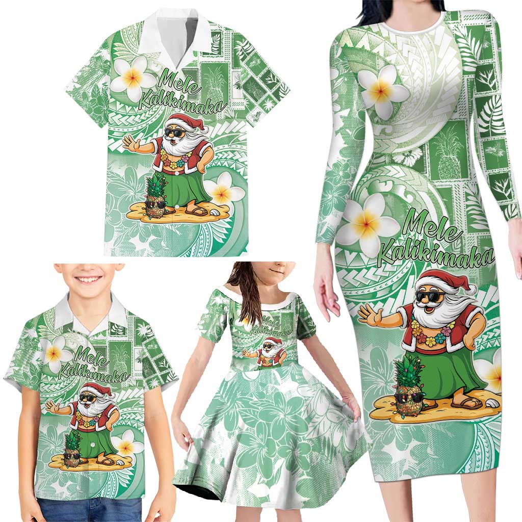 Hawaii Mele Kalikimaka Family Matching Long Sleeve Bodycon Dress and Hawaiian Shirt Hula Santa Retro Style Green LT05 - Polynesian Pride