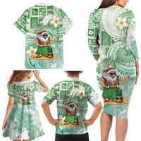 Hawaii Mele Kalikimaka Family Matching Long Sleeve Bodycon Dress and Hawaiian Shirt Hula Santa Retro Style Green LT05 - Polynesian Pride