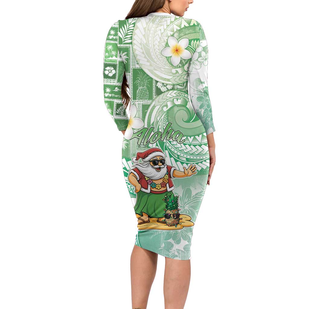 Hawaii Mele Kalikimaka Family Matching Long Sleeve Bodycon Dress and Hawaiian Shirt Hula Santa Retro Style Green LT05 - Polynesian Pride