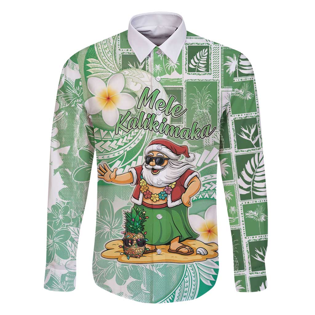 Hawaii Mele Kalikimaka Family Matching Mermaid Dress and Hawaiian Shirt Hula Santa Retro Style Green LT05 Dad's Shirt - Long Sleeve Green - Polynesian Pride