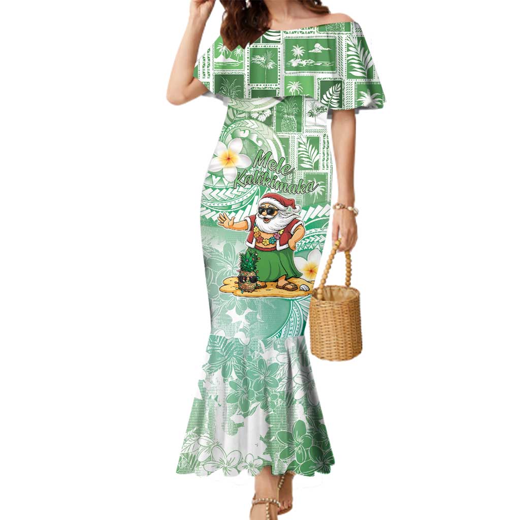 Hawaii Mele Kalikimaka Family Matching Mermaid Dress and Hawaiian Shirt Hula Santa Retro Style Green LT05 Mom's Dress Green - Polynesian Pride