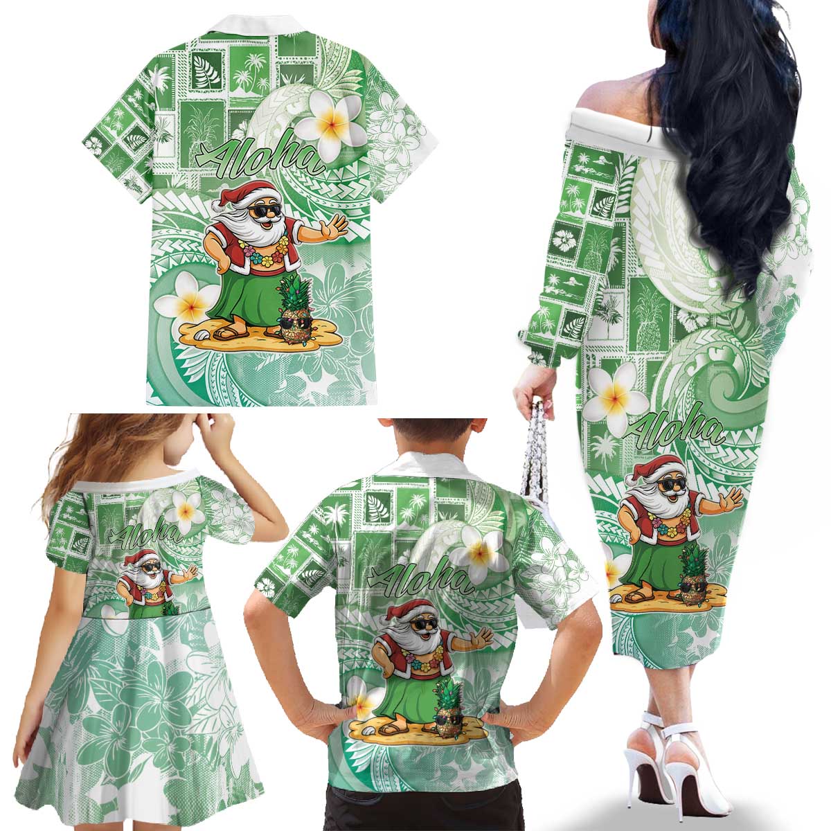 Hawaii Mele Kalikimaka Family Matching Off The Shoulder Long Sleeve Dress and Hawaiian Shirt Hula Santa Retro Style Green LT05 - Polynesian Pride