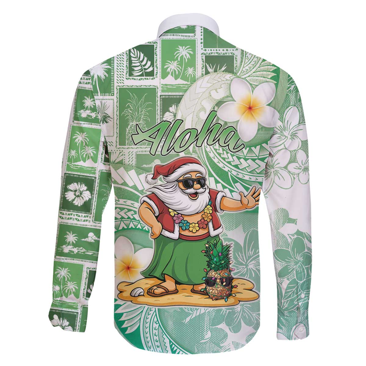 Hawaii Mele Kalikimaka Family Matching Off The Shoulder Long Sleeve Dress and Hawaiian Shirt Hula Santa Retro Style Green LT05 - Polynesian Pride