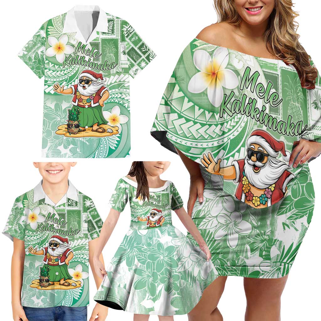 Hawaii Mele Kalikimaka Family Matching Off Shoulder Short Dress and Hawaiian Shirt Hula Santa Retro Style Green LT05 - Polynesian Pride