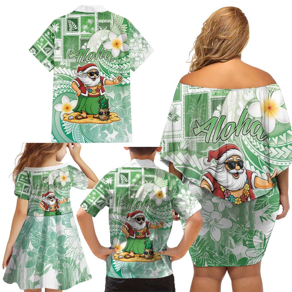 Hawaii Mele Kalikimaka Family Matching Off Shoulder Short Dress and Hawaiian Shirt Hula Santa Retro Style Green LT05 - Polynesian Pride