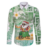 Hawaii Mele Kalikimaka Family Matching Off Shoulder Short Dress and Hawaiian Shirt Hula Santa Retro Style Green LT05 Dad's Shirt - Long Sleeve Green - Polynesian Pride