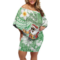 Hawaii Mele Kalikimaka Family Matching Off Shoulder Short Dress and Hawaiian Shirt Hula Santa Retro Style Green LT05 Mom's Dress Green - Polynesian Pride