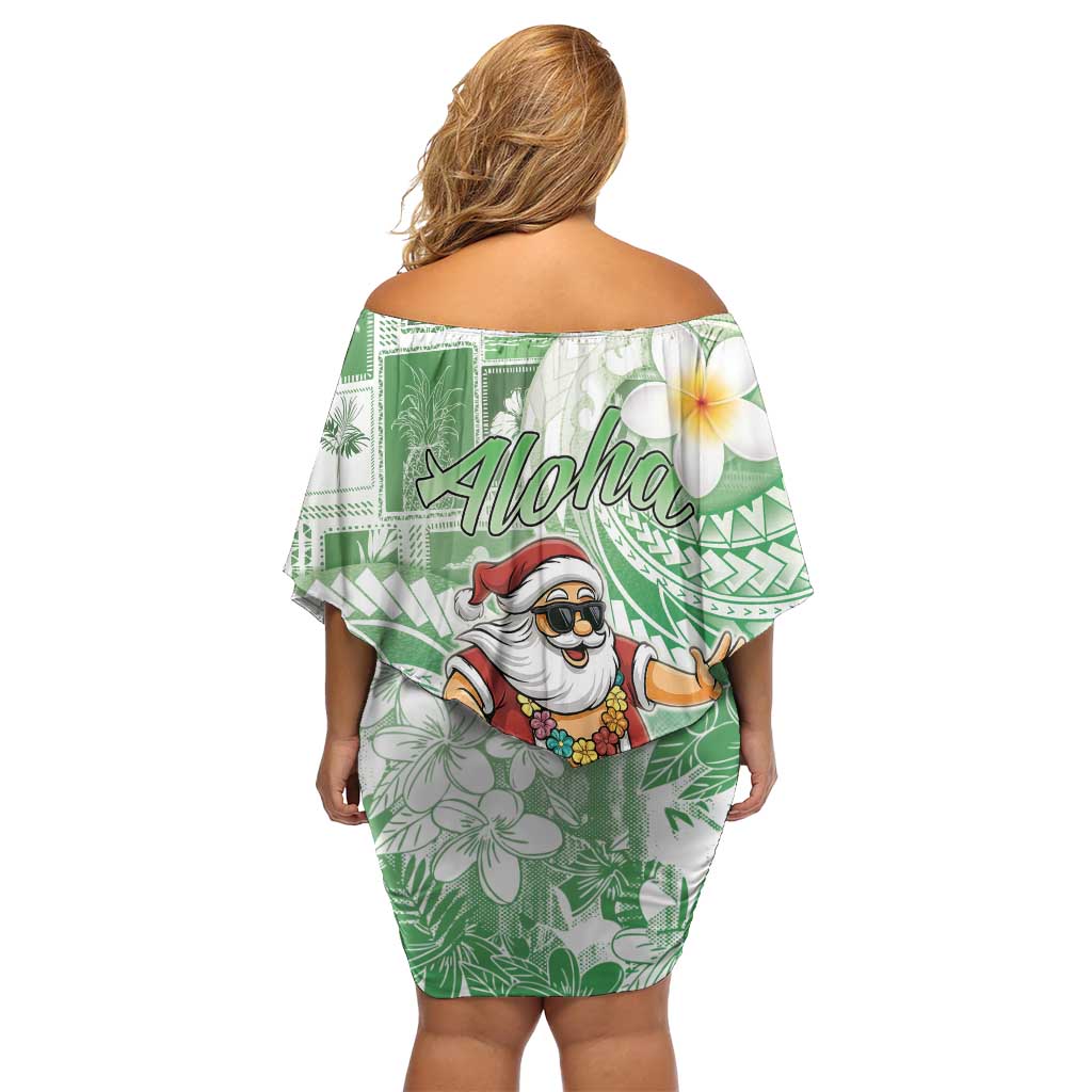 Hawaii Mele Kalikimaka Family Matching Off Shoulder Short Dress and Hawaiian Shirt Hula Santa Retro Style Green LT05 - Polynesian Pride