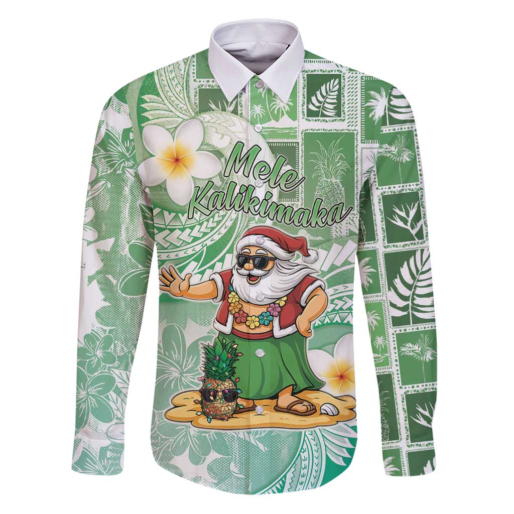 Hawaii Mele Kalikimaka Family Matching Puletasi and Hawaiian Shirt Hula Santa Retro Style Green LT05 Dad's Shirt - Long Sleeve Green - Polynesian Pride