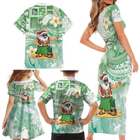 Hawaii Mele Kalikimaka Family Matching Short Sleeve Bodycon Dress and Hawaiian Shirt Hula Santa Retro Style Green LT05 - Polynesian Pride