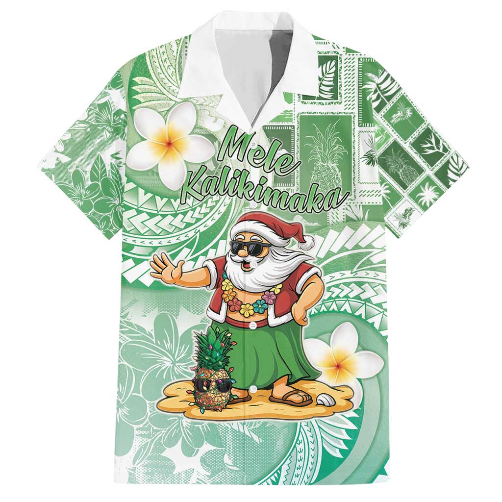 Hawaii Mele Kalikimaka Family Matching Short Sleeve Bodycon Dress and Hawaiian Shirt Hula Santa Retro Style Green LT05 Dad's Shirt - Short Sleeve Green - Polynesian Pride