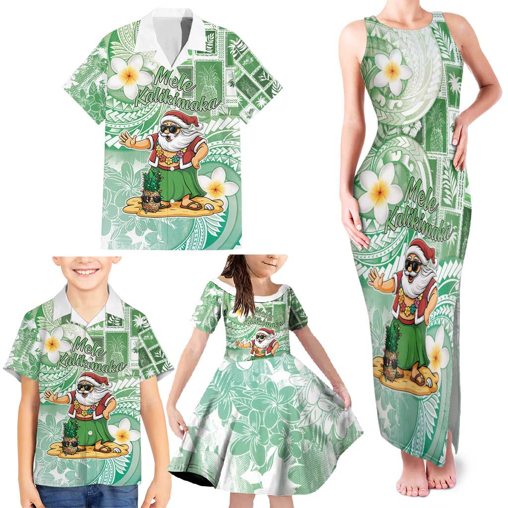 Hawaii Mele Kalikimaka Family Matching Tank Maxi Dress and Hawaiian Shirt Hula Santa Retro Style Green LT05 - Polynesian Pride