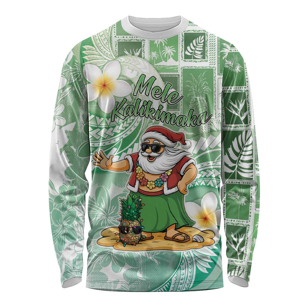 Hawaii Mele Kalikimaka Long Sleeve Shirt Hula Santa Retro Style Green LT05 Unisex Green - Polynesian Pride