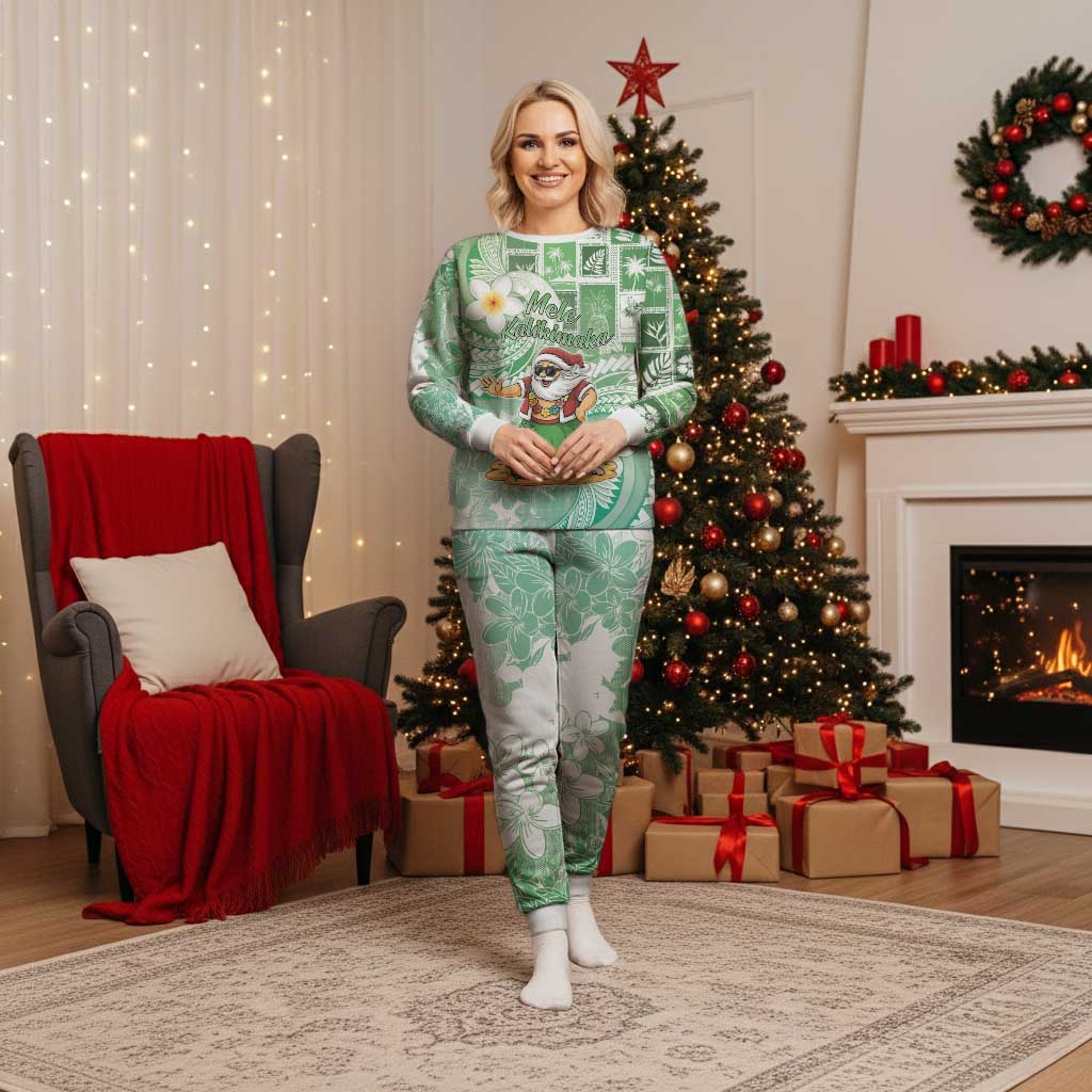 Hawaii Mele Kalikimaka Christmas Pajama Set Hula Santa Retro Style Green LT05 Women Green - Polynesian Pride