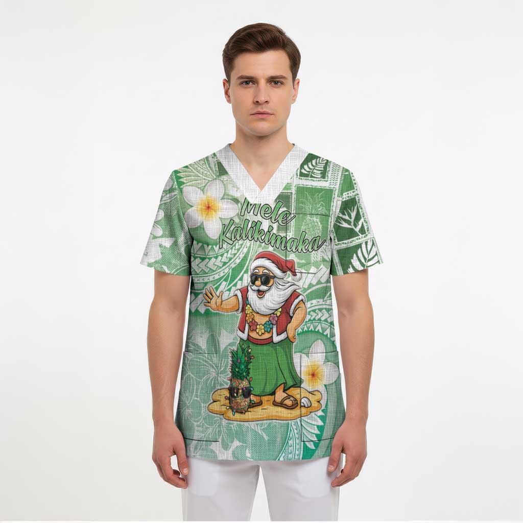 Hawaii Mele Kalikimaka Scrub Top Hula Santa Retro Style Green - Polynesian Pride