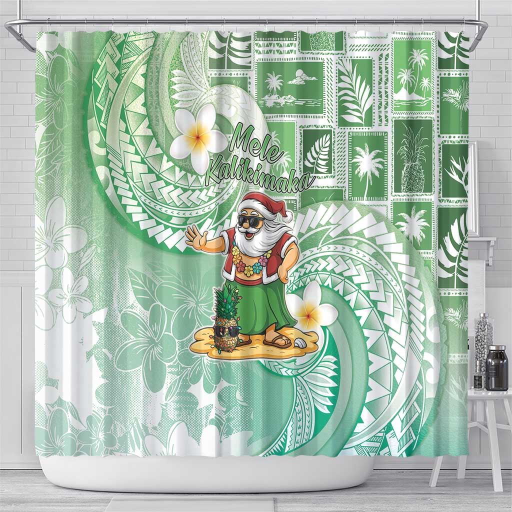 Hawaii Mele Kalikimaka Shower Curtain Hula Santa Retro Style Green - Polynesian Pride