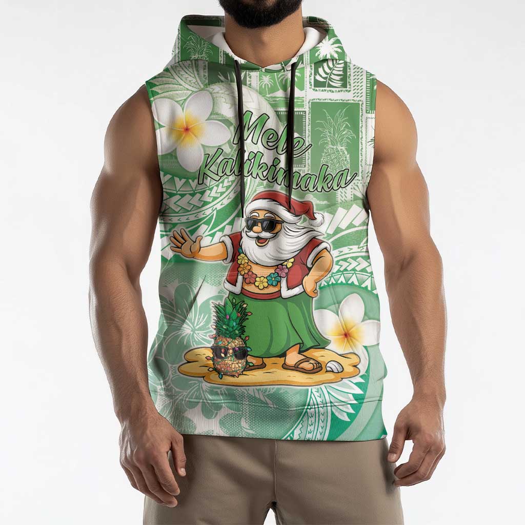 Hawaii Mele Kalikimaka Sleeveless Hoodie Hula Santa Retro Style Green - Polynesian Pride