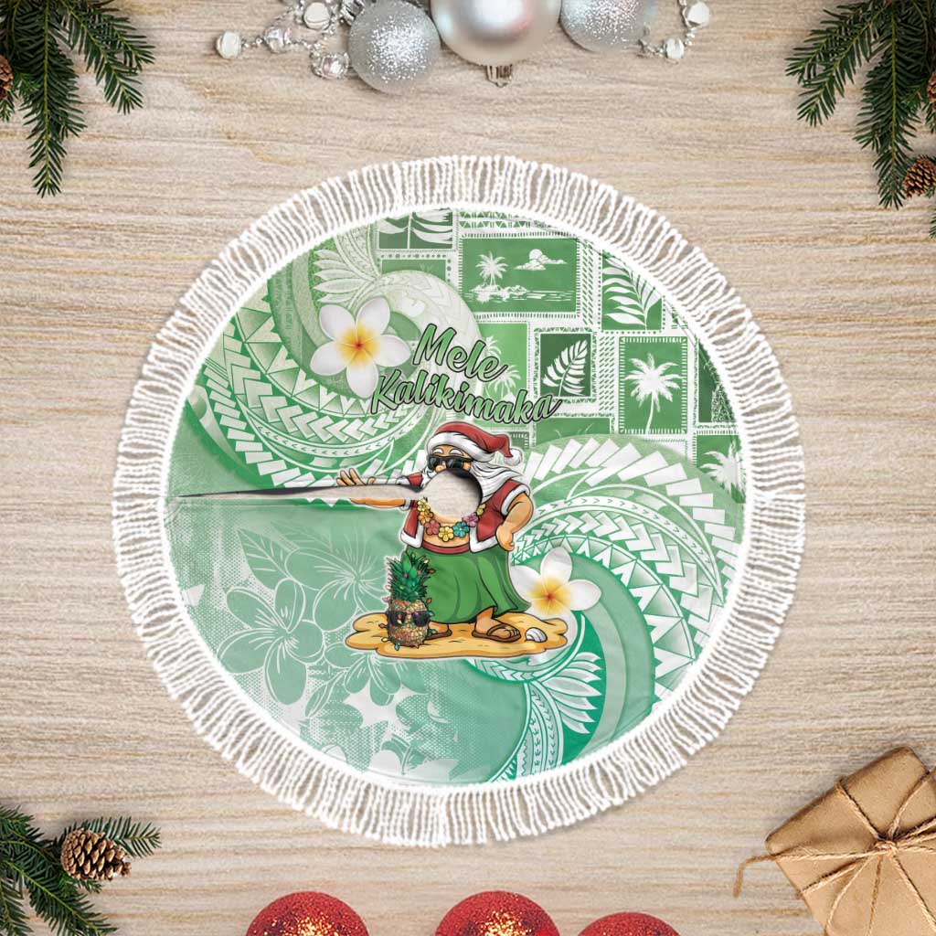Hawaii Mele Kalikimaka Tree Skirt Hula Santa Retro Style Green LT05 Fringed Green - Polynesian Pride