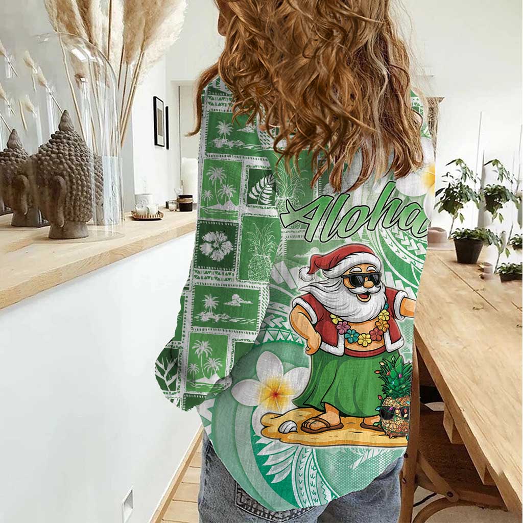 Hawaii Mele Kalikimaka Women Casual Shirt Hula Santa Retro Style Green - Polynesian Pride