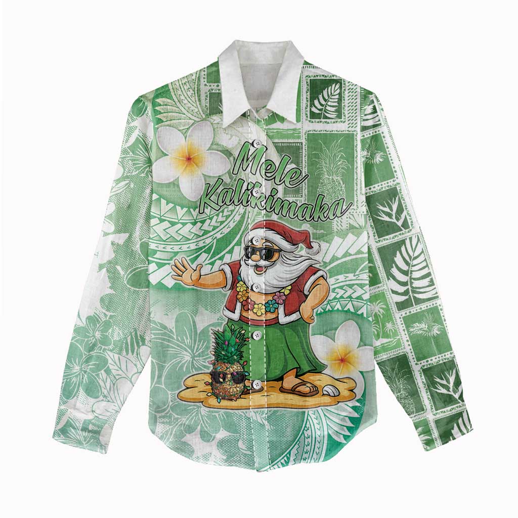 Hawaii Mele Kalikimaka Women Casual Shirt Hula Santa Retro Style Green - Polynesian Pride