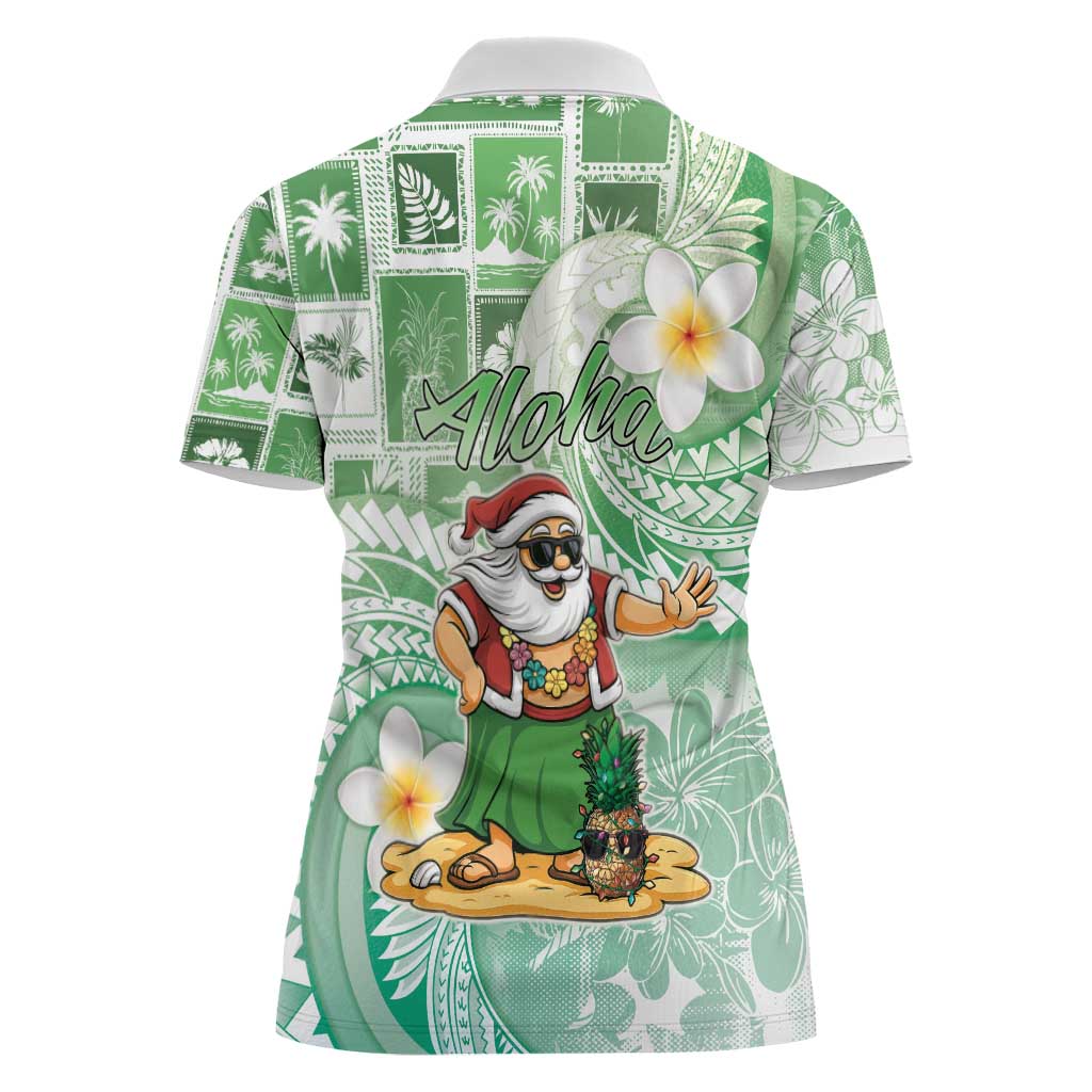 Hawaii Mele Kalikimaka Women Polo Shirt Hula Santa Retro Style Green - Polynesian Pride