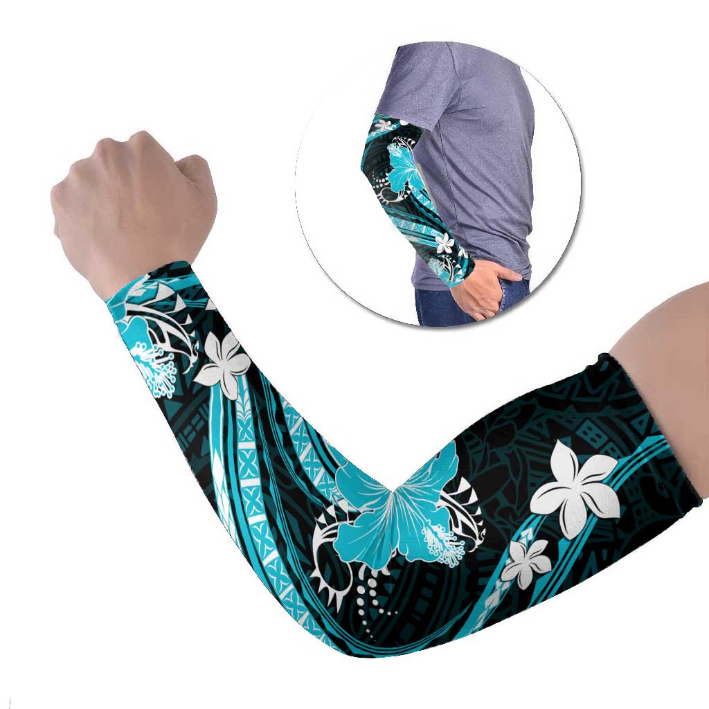 Aqua Polynesian Pattern With Tropical Flowers Arm Sleeves LT05 Set of 2 Aqua - Polynesian Pride