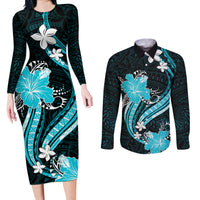 Aqua Polynesian Pattern With Tropical Flowers Couples Matching Long Sleeve Bodycon Dress and Long Sleeve Button Shirt LT05 Aqua - Polynesian Pride
