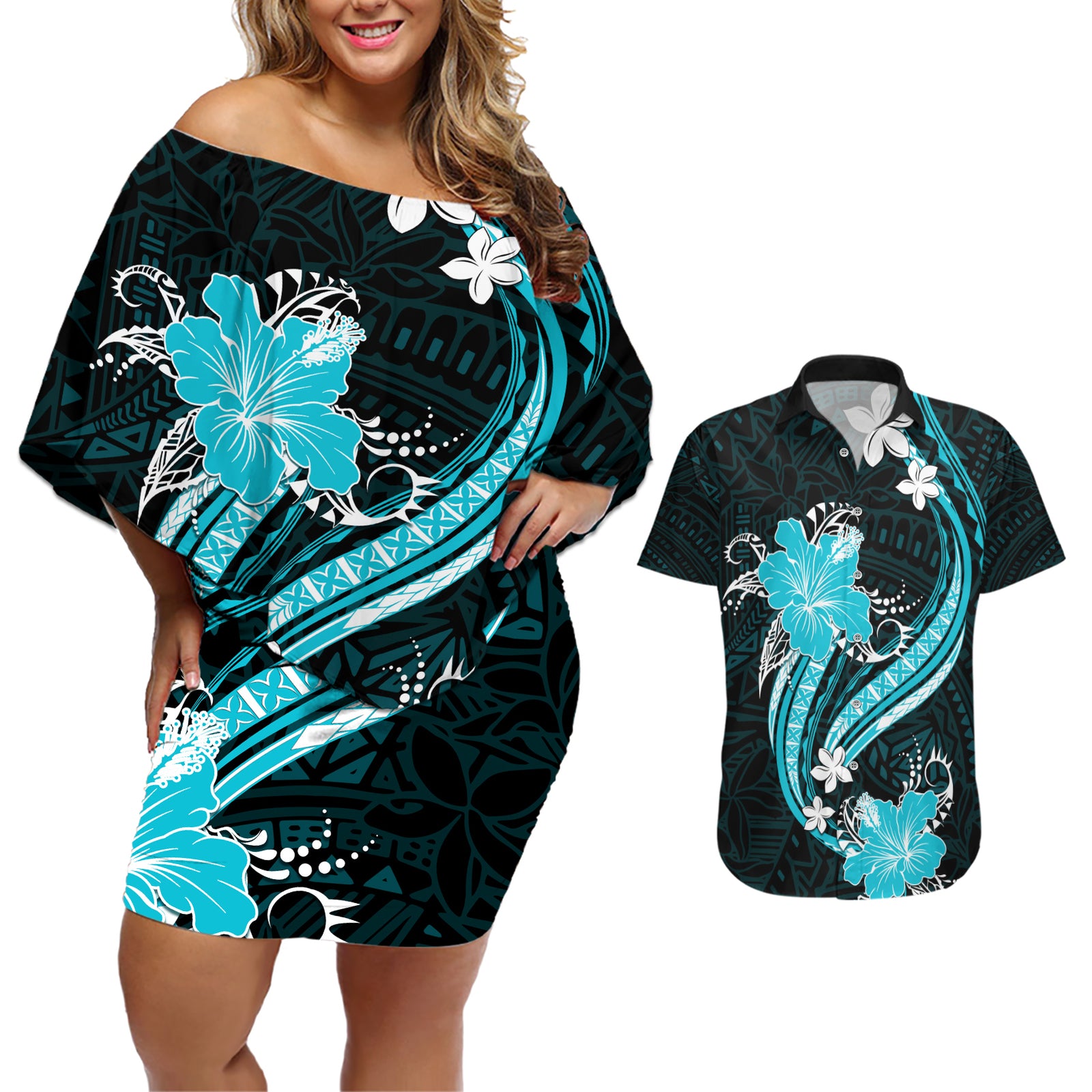 Aqua Polynesian Pattern With Tropical Flowers Couples Matching Off Shoulder Short Dress and Hawaiian Shirt LT05 Aqua - Polynesian Pride