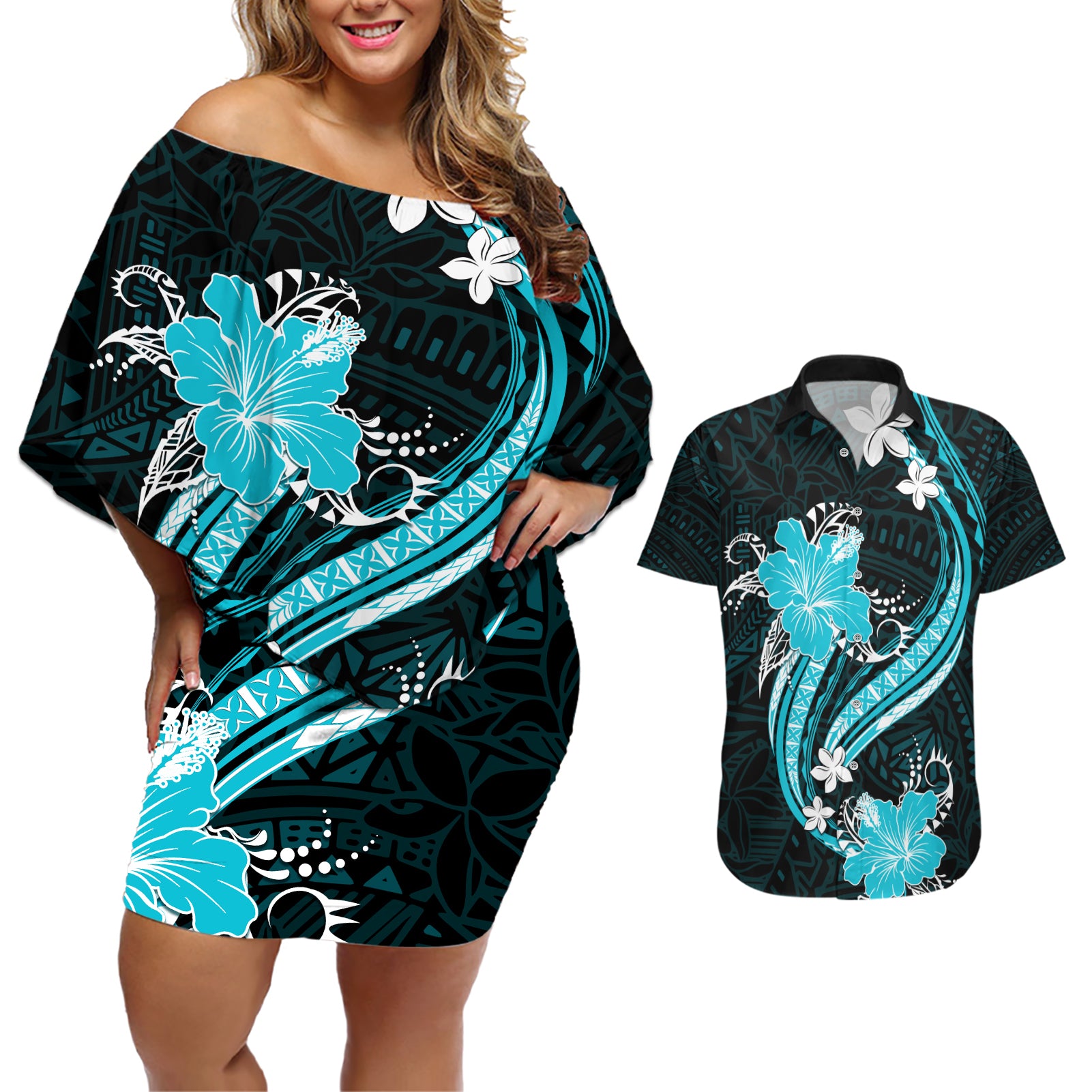 Aqua Polynesian Pattern With Tropical Flowers Couples Matching Off Shoulder Short Dress and Hawaiian Shirt LT05 Aqua - Polynesian Pride