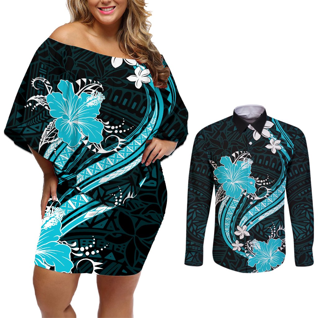 Aqua Polynesian Pattern With Tropical Flowers Couples Matching Off Shoulder Short Dress and Long Sleeve Button Shirt LT05 Aqua - Polynesian Pride