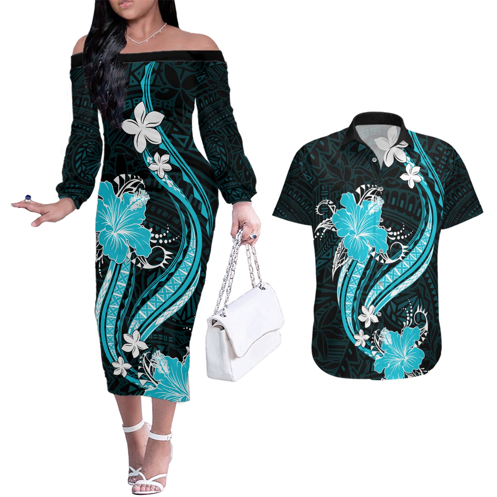 Aqua Polynesian Pattern With Tropical Flowers Couples Matching Off The Shoulder Long Sleeve Dress and Hawaiian Shirt LT05 Aqua - Polynesian Pride