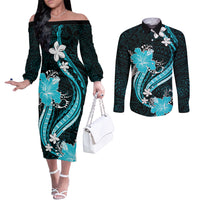 Aqua Polynesian Pattern With Tropical Flowers Couples Matching Off The Shoulder Long Sleeve Dress and Long Sleeve Button Shirt LT05 Aqua - Polynesian Pride
