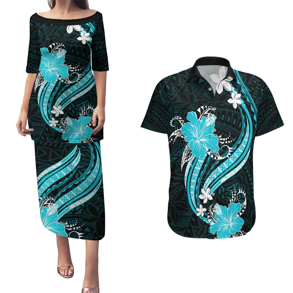 Aqua Polynesian Pattern With Tropical Flowers Couples Matching Puletasi Dress and Hawaiian Shirt LT05 Aqua - Polynesian Pride