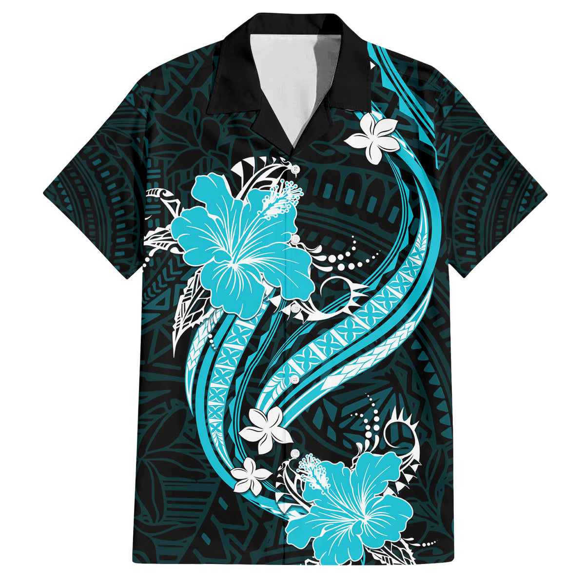 Aqua Polynesian Pattern With Tropical Flowers Family Matching Off Shoulder Long Sleeve Dress and Hawaiian Shirt LT05 Dad's Shirt - Short Sleeve Aqua - Polynesian Pride