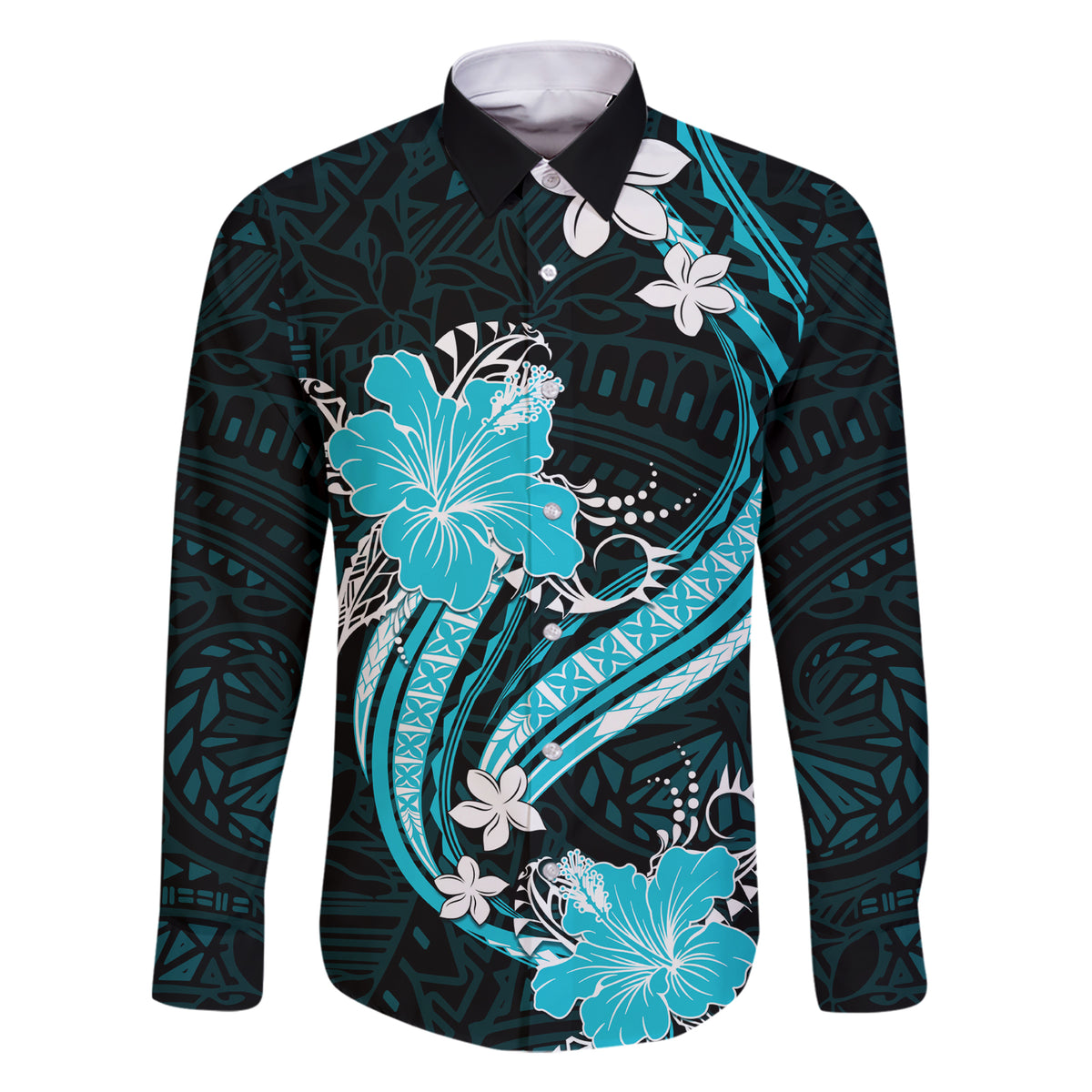 Aqua Polynesian Pattern With Tropical Flowers Family Matching Short Sleeve Bodycon Dress and Hawaiian Shirt LT05 Dad's Shirt - Long Sleeve Aqua - Polynesian Pride