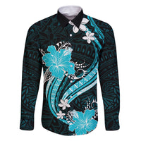 Aqua Polynesian Pattern With Tropical Flowers Family Matching Tank Maxi Dress and Hawaiian Shirt LT05 Dad's Shirt - Long Sleeve Aqua - Polynesian Pride