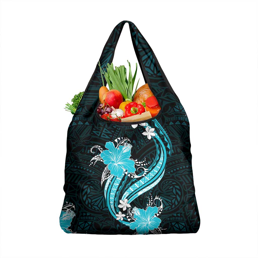 Aqua Polynesian Pattern With Tropical Flowers Grocery Bag LT05 1-pack One Size Aqua - Polynesian Pride