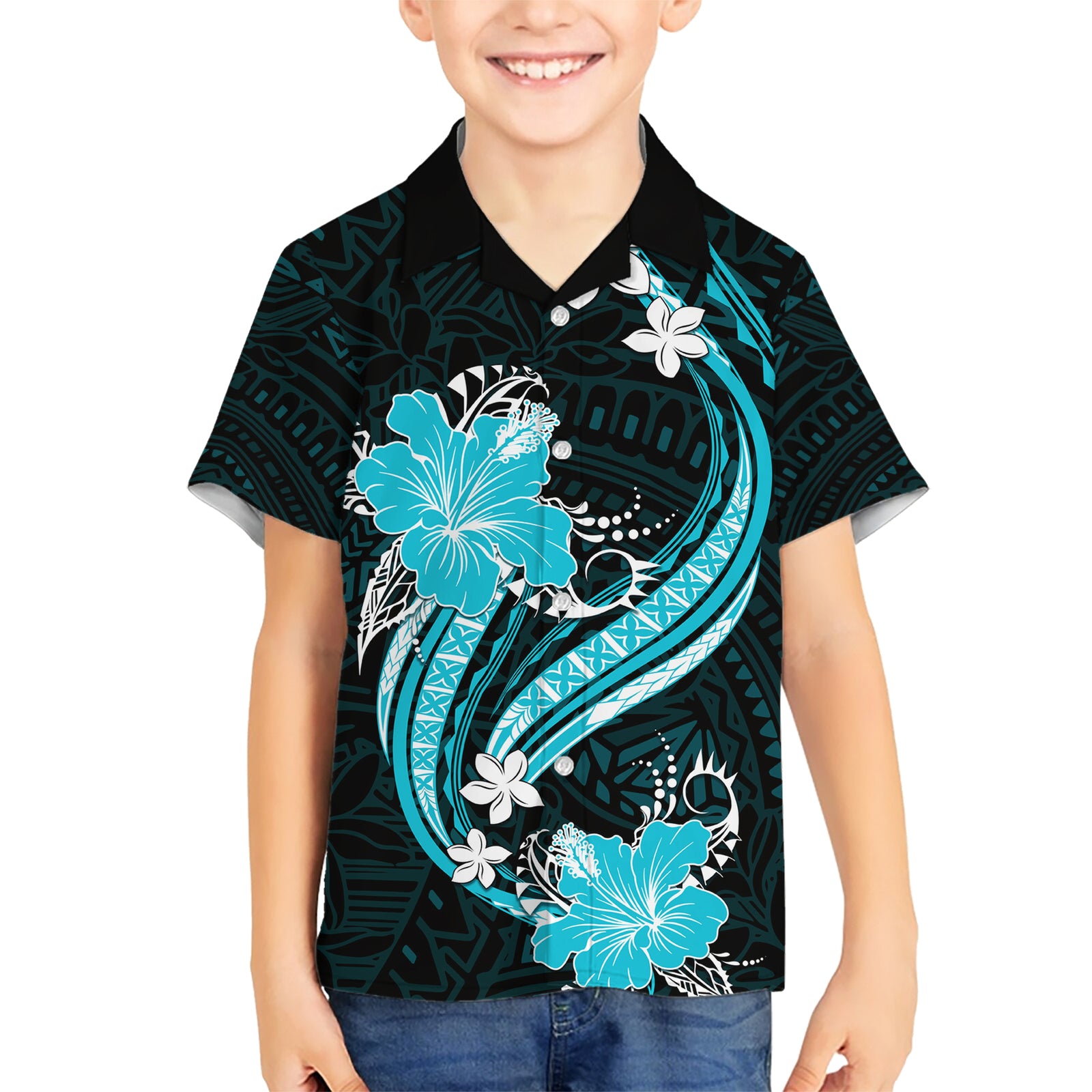 Aqua Polynesian Pattern With Tropical Flowers Kid Hawaiian Shirt LT05 Kid Aqua - Polynesian Pride
