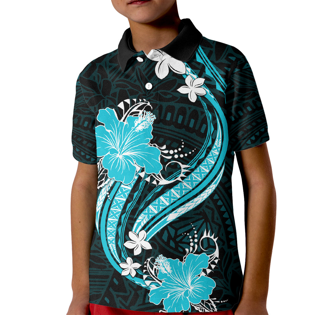 Aqua Polynesian Pattern With Tropical Flowers Kid Polo Shirt LT05 Kid Aqua - Polynesian Pride
