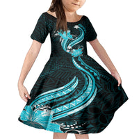 Aqua Polynesian Pattern With Tropical Flowers Kid Short Sleeve Dress LT05 KID Aqua - Polynesian Pride